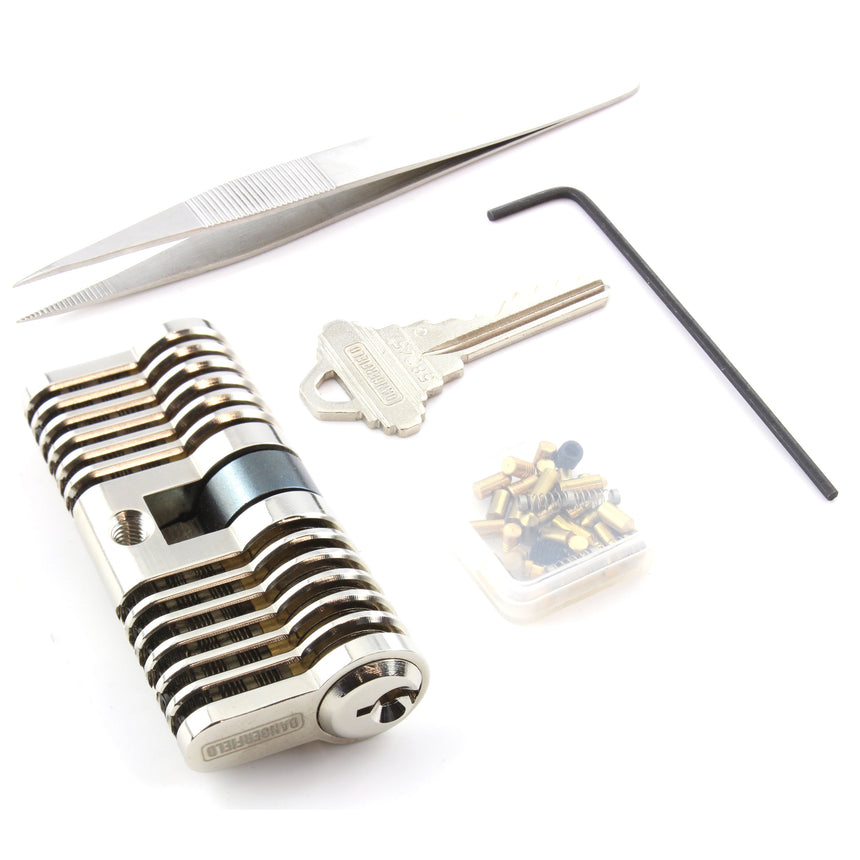 Dangerfield Aerospace Cutaway Practice Lock with tweezers, key, and pins for lock picking training and skill development.