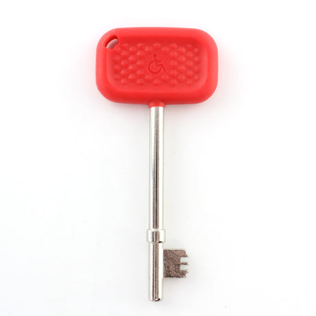 Red Lokko disabled toilet key with tactile bow for NKS/RADAR doors, suitable for accessible public toilet locks.