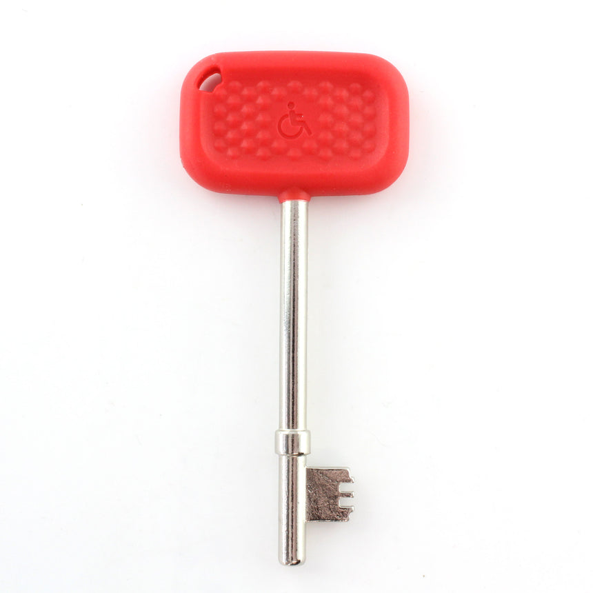 Red Lokko disabled toilet key with tactile bow for NKS/RADAR doors, suitable for accessible public toilet locks.