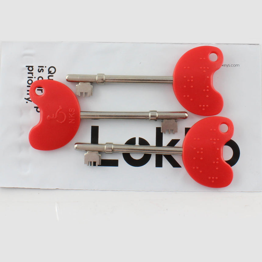 Set of 3 LOKKO NKS disabled toilet keys with red plastic bows and Braille, suitable for UK radar doors, placed on packaging.