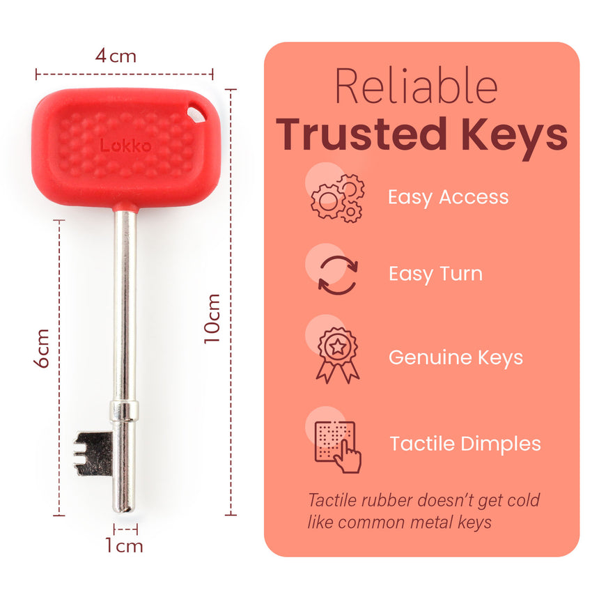 Lokko Radar Key with red rubber handle, tactile dimples for grip, features easy access and turn, genuine keys for UK disabled toilets.