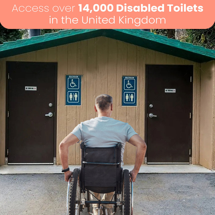 Person in wheelchair facing disabled toilets with "Access over 14,000 Disabled Toilets in the United Kingdom" text above.