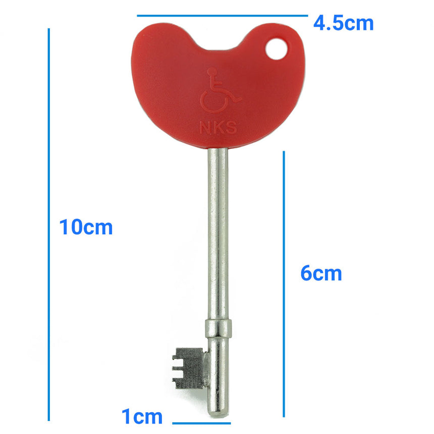 LOKKO Radar Disabled Toilet Key with Red Grip and Braille, showing product dimensions in centimeters.