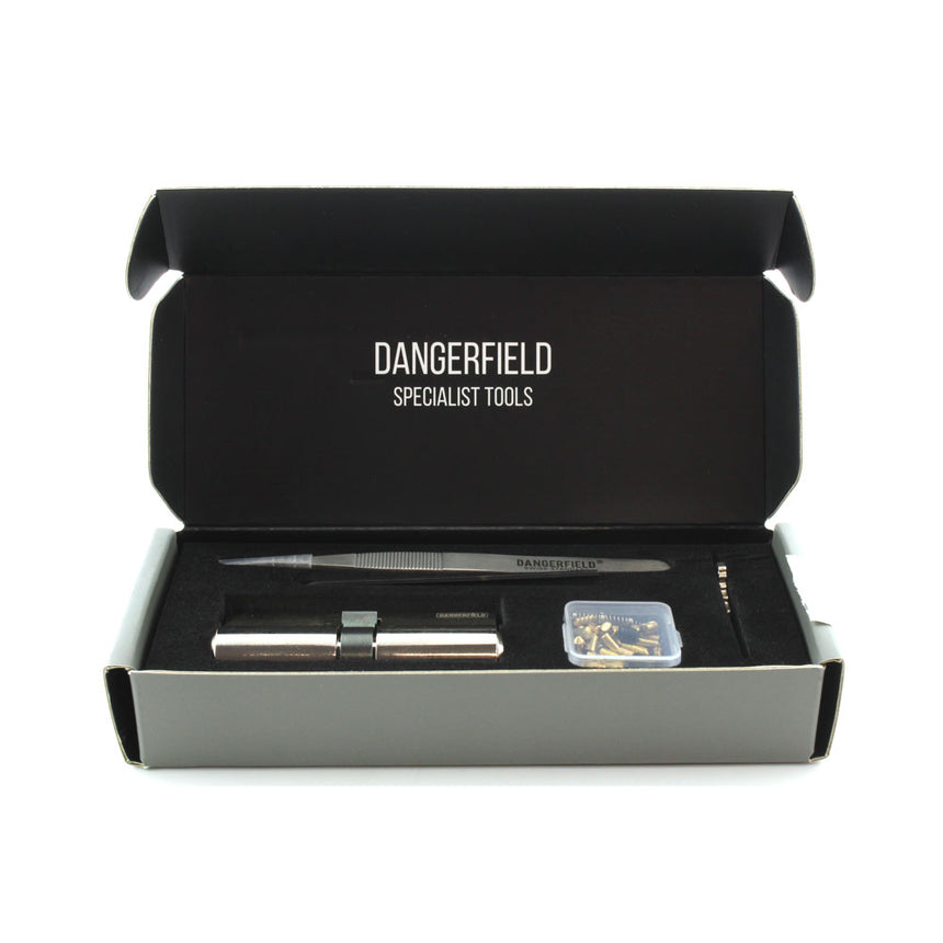 Dangerfield Aerospace Cutaway Practice Lock with Pins and Tweezers in a Box, Solid Metal Training Lock Set.