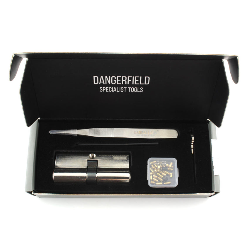 Dangerfield Aerospace Cutaway Practice Lock Set with Pins and Tweezers in Box - Solid Metal Training Tool for Lock Picking.