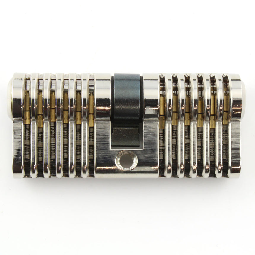 Cutaway view of Dangerfield Aerospace Practice Lock showcasing pins and mechanism for lock picking training.