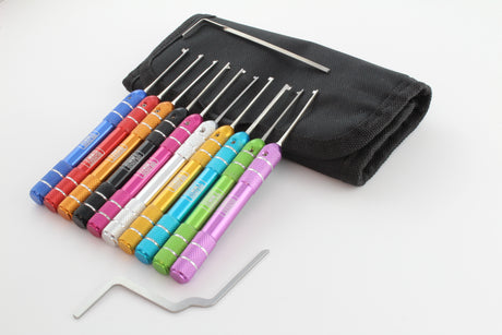 Flag-type dimple picks with case and tension tools